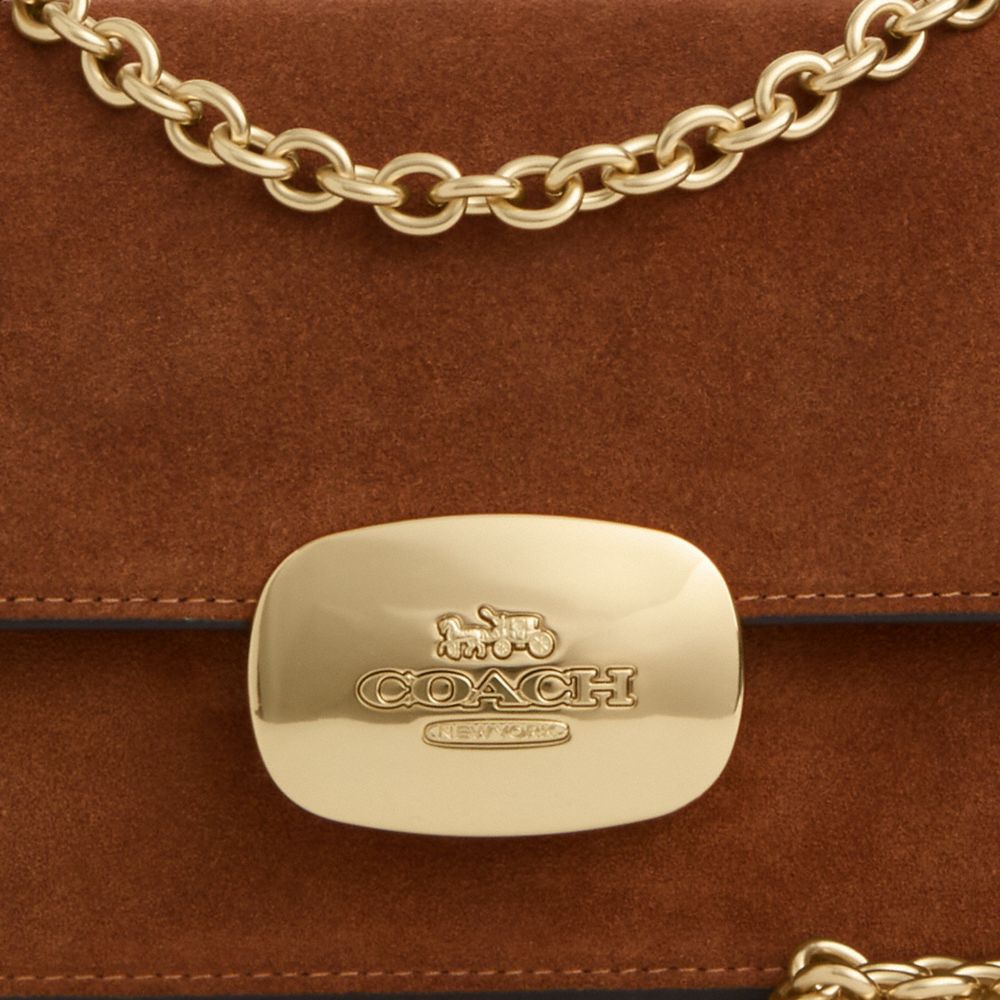 COACH®,Eliza Flap Crossbody Bag In Suede,Suede,Crossbody,Logo,Embossed,Lined,Pen Holder,Gold Metal,Casual,Day Party,Brown