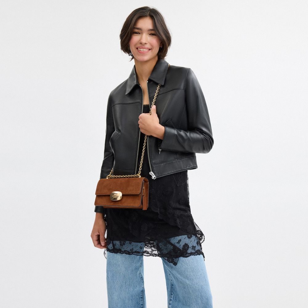COACH®,Eliza Flap Crossbody Bag In Suede,Suede,Crossbody,Logo,Embossed,Lined,Pen Holder,Gold Metal,Casual,Day Party,Brown,Detail View