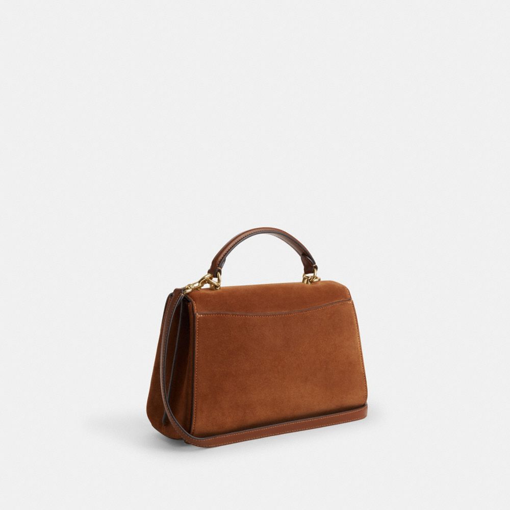 COACH®,Eliza Top Handle Bag In Suede,Suede,Satchel,Embossed,Logo,Pen Holder,Gold Metal,Work,Casual,Brown,Angle View