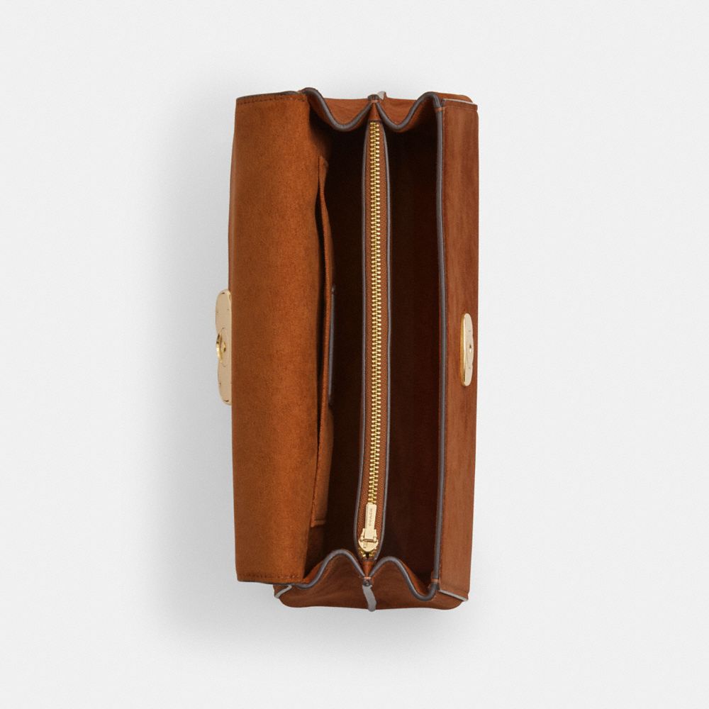 COACH®,Eliza Top Handle Bag In Suede,Suede,Satchel,Embossed,Logo,Pen Holder,Gold Metal,Work,Casual,Brown,Inside View,Top View