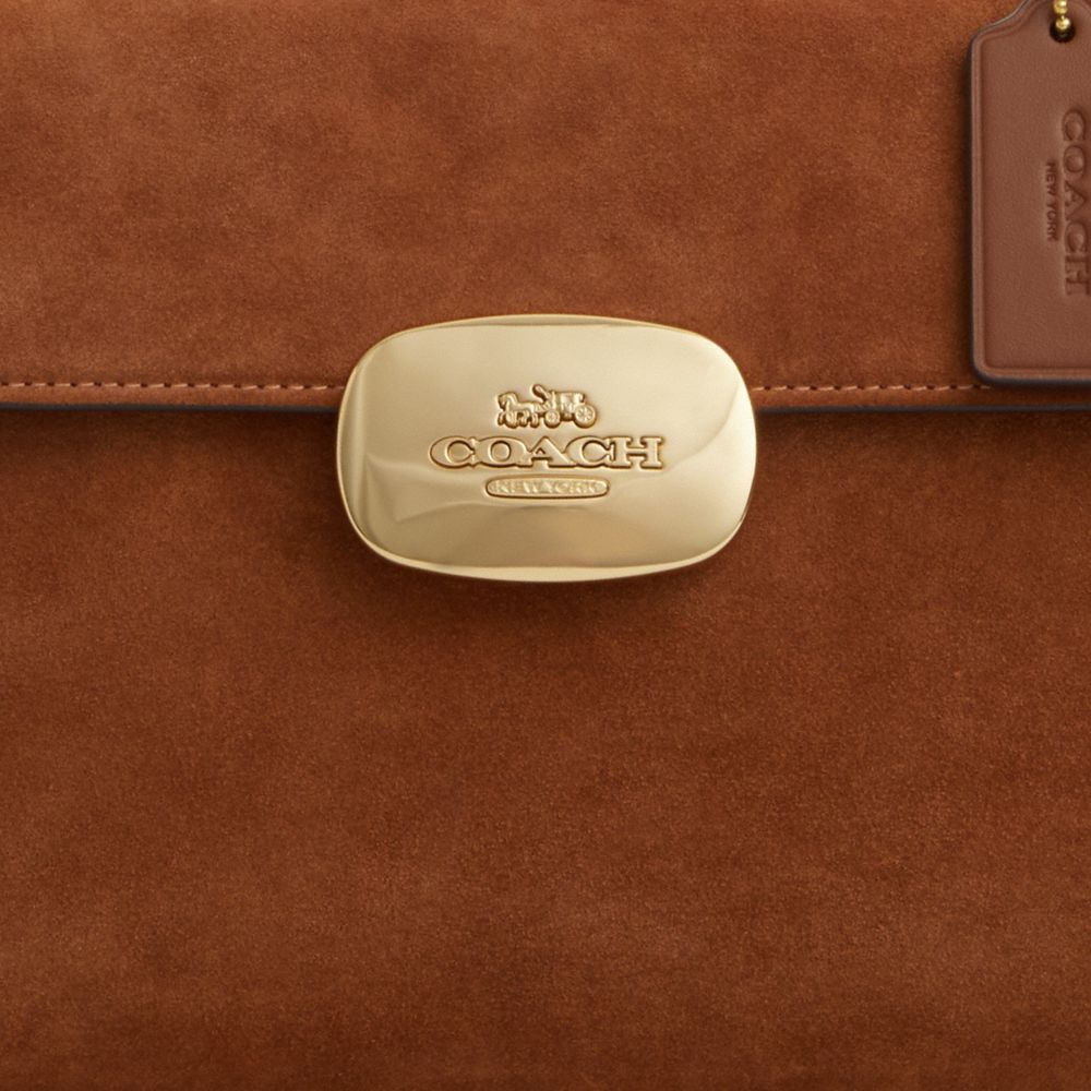 COACH®,Eliza Top Handle Bag In Suede,Suede,Satchel,Embossed,Logo,Pen Holder,Gold Metal,Work,Casual,Brown