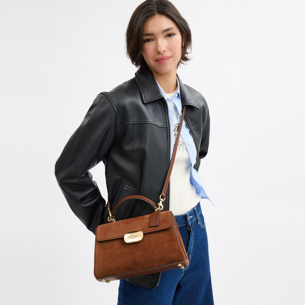 COACH®,Eliza Top Handle Bag In Suede,Suede,Satchel,Embossed,Logo,Pen Holder,Gold Metal,Work,Casual,Brown,Detail View