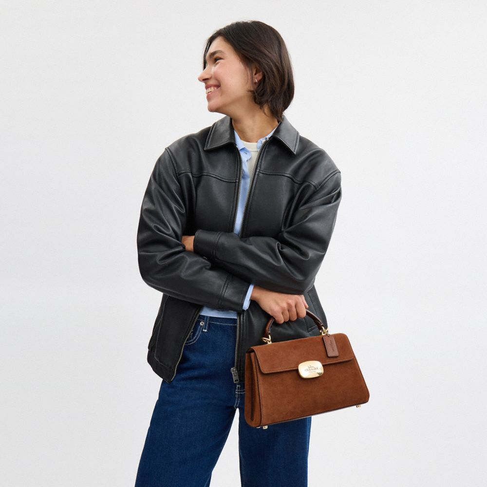 COACH®,Eliza Top Handle Bag In Suede,Suede,Satchel,Embossed,Logo,Pen Holder,Gold Metal,Work,Casual,Brown,Detail View