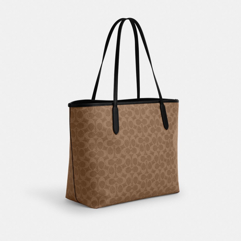 COACH®,Cosmic Coach City Tote Bag In Signature Canvas With Rexy Print,Canvas,Tote,Piping,Casual,Brown,Angle View