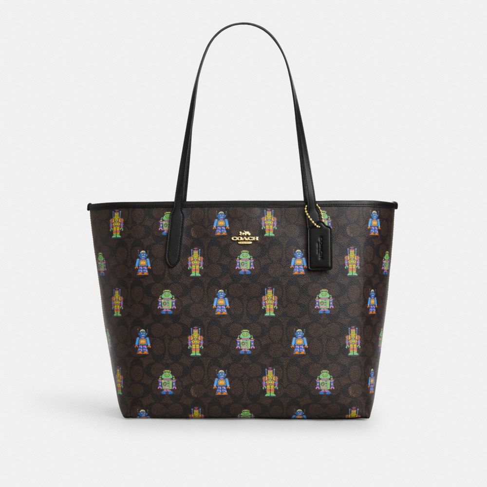 Im Walnut Multi Cosmic Coach City Tote Bag In Signature Canvas With Robot Print