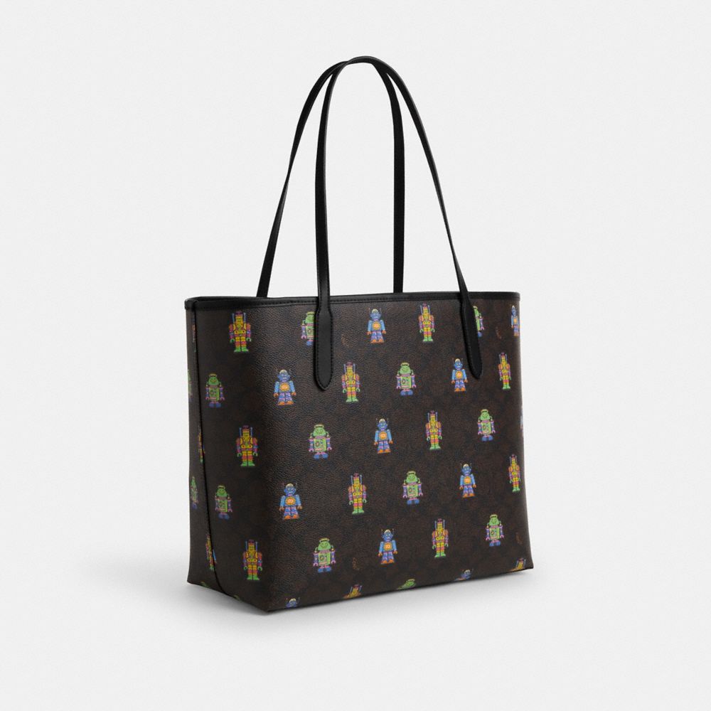 COACH®,Cosmic Coach City Tote Bag In Signature Canvas With Robot Print,Tote,Casual,Multi Color,Angle View