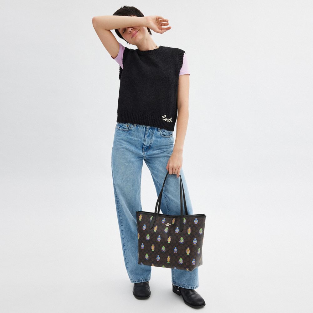 COACH®,Cosmic Coach City Tote Bag In Signature Canvas With Robot Print,Tote,Casual,Multi Color,Detail View