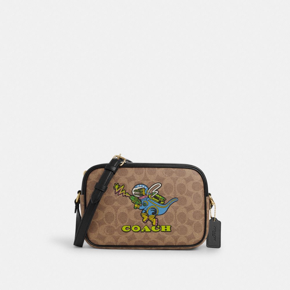 COACH®,Cosmic Coach Jamie Camera Bag In Signature Canvas With Rexy Print,Canvas,Leather,Camera Bag,Piping,Color Block,Adju...,Brown,Front View image number 0