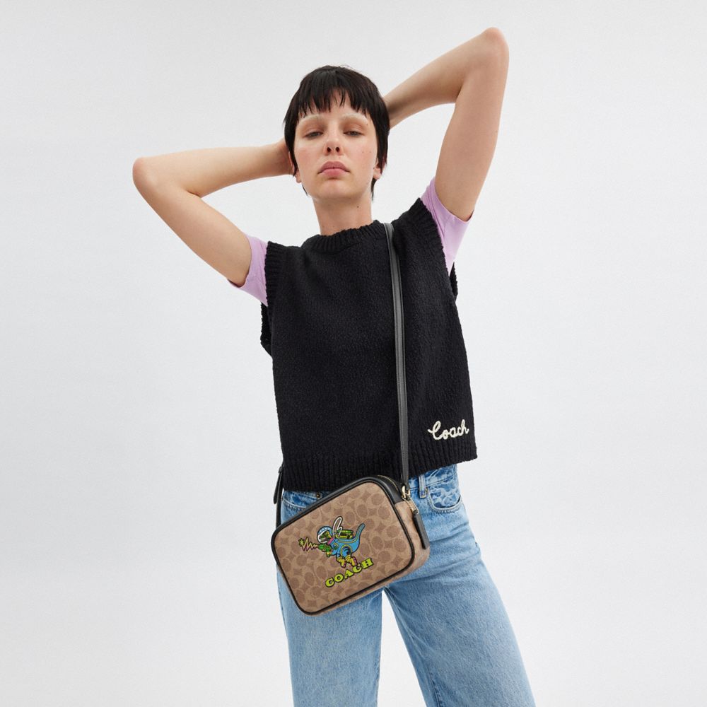 COACH®,Cosmic Coach Jamie Camera Bag In Signature Canvas With Rexy Print,Canvas,Leather,Camera Bag,Piping,Color Block,Adju...,Brown,Detail View
