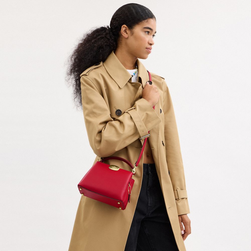 COACH®,Eliza Mini Carryall Bag,Calfskin Leather,Crossbody,Logo,Embossed,Work,Day Party,Red,Detail View