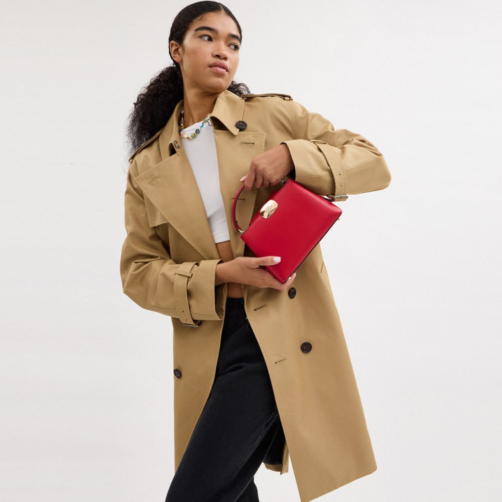 COACH®,Eliza Mini Carryall Bag,Calfskin Leather,Crossbody,Logo,Embossed,Work,Day Party,Red,Detail View