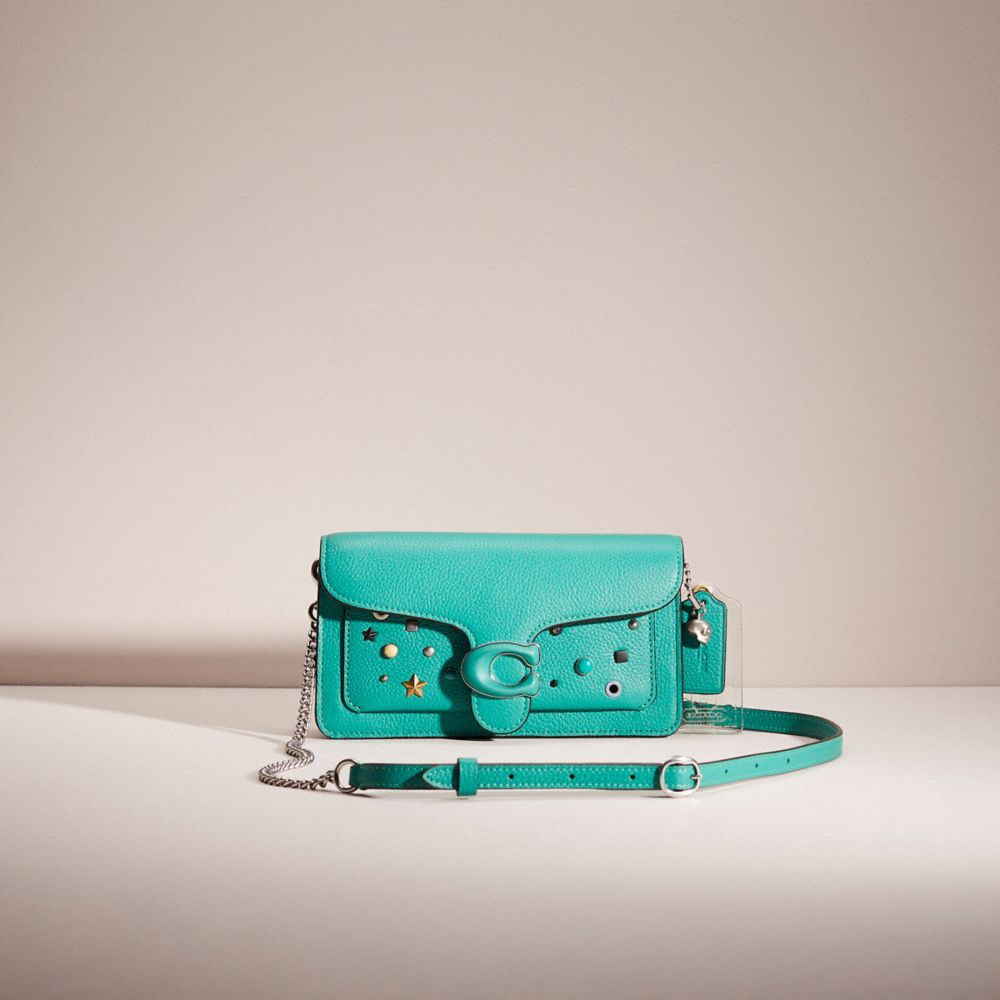 COACH®,UPCRAFTED TABBY CHAIN CLUTCH,Polished Pebble Leather,Silver/Bright Green,Front View