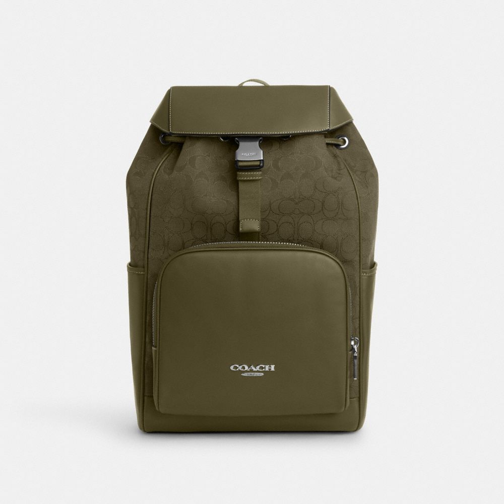 COACH®,Racer Backpack In Signature Jacquard,Cotton,Recycled Polyester,Backpack,Mixed Media,Pen Holder,Adjustable,Casual,Tr...,Olive,Front View image number 0