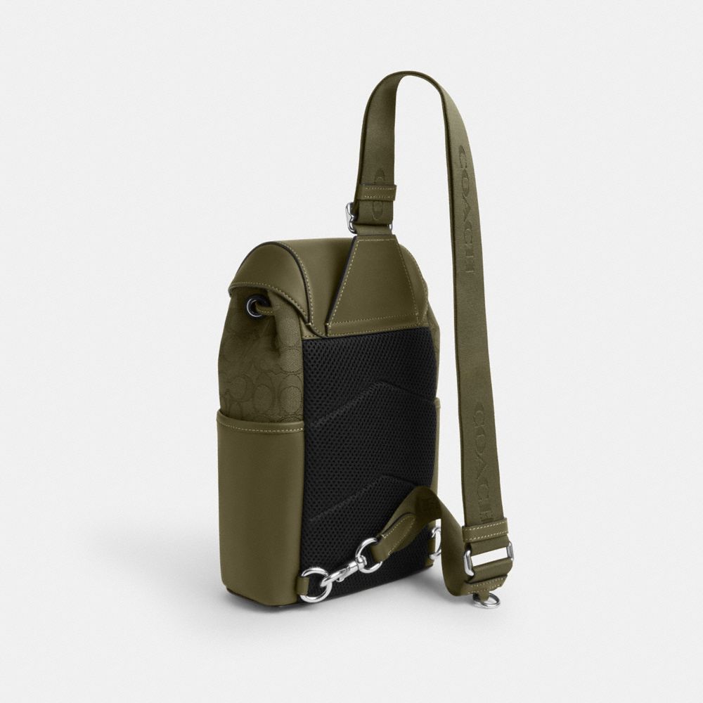 COACH®,Racer Pack In Signature Jacquard,Cotton,Recycled Polyester,Slingback,Mixed Media,Pen Holder,Adjustable,Casual,Olive,Angle View