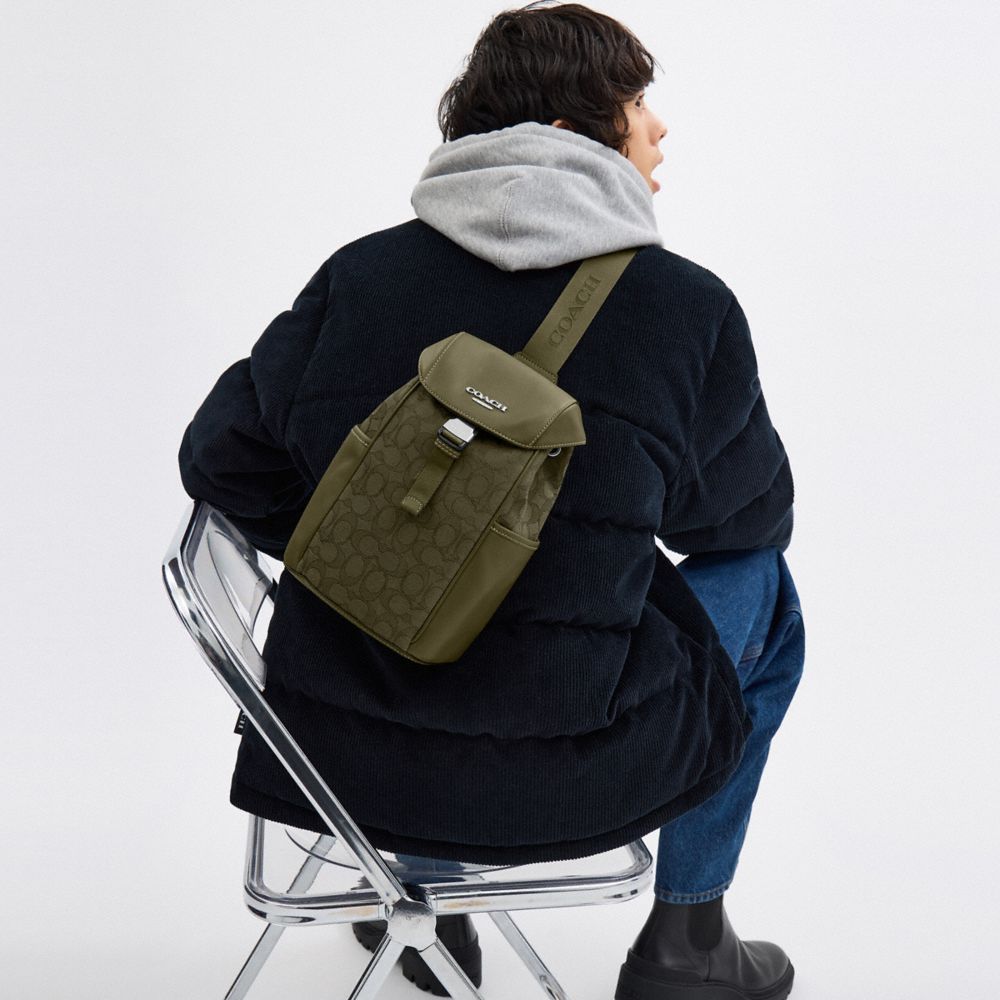 COACH®,Racer Pack In Signature Jacquard,Cotton,Recycled Polyester,Slingback,Mixed Media,Pen Holder,Adjustable,Casual,Olive,Detail View
