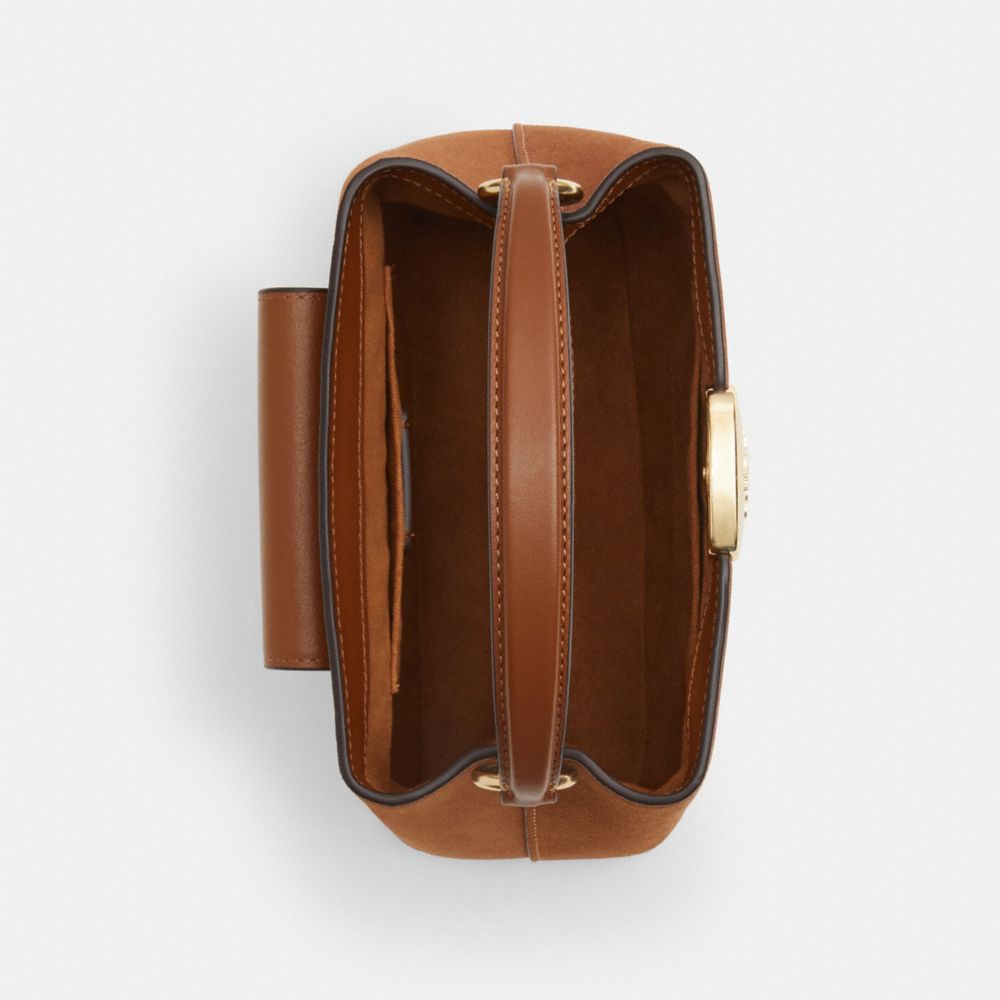 COACH®,Eliza Mini Carryall Bag In Suede,Calfskin Leather,Crossbody,Logo,Embossed,Layered,Gold Metal,Casual,Work,Brown,Inside View,Top View