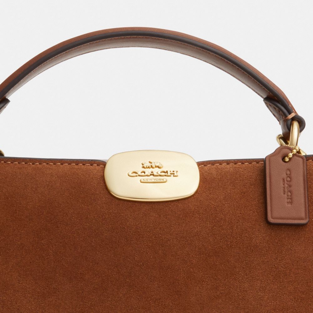 COACH®,Eliza Mini Carryall Bag In Suede,Calfskin Leather,Crossbody,Logo,Embossed,Layered,Gold Metal,Casual,Work,Brown