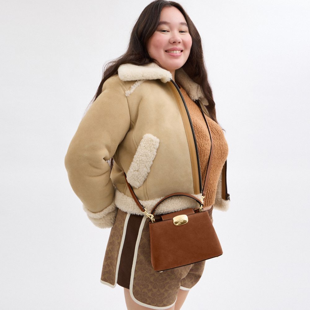 COACH®,Eliza Mini Carryall Bag In Suede,Calfskin Leather,Crossbody,Logo,Embossed,Layered,Gold Metal,Casual,Work,Brown,Detail View