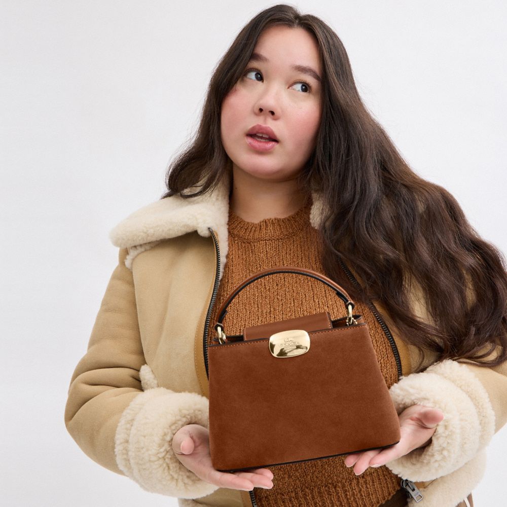 COACH®,Eliza Mini Carryall Bag In Suede,Calfskin Leather,Crossbody,Logo,Embossed,Layered,Gold Metal,Casual,Work,Brown,Detail View