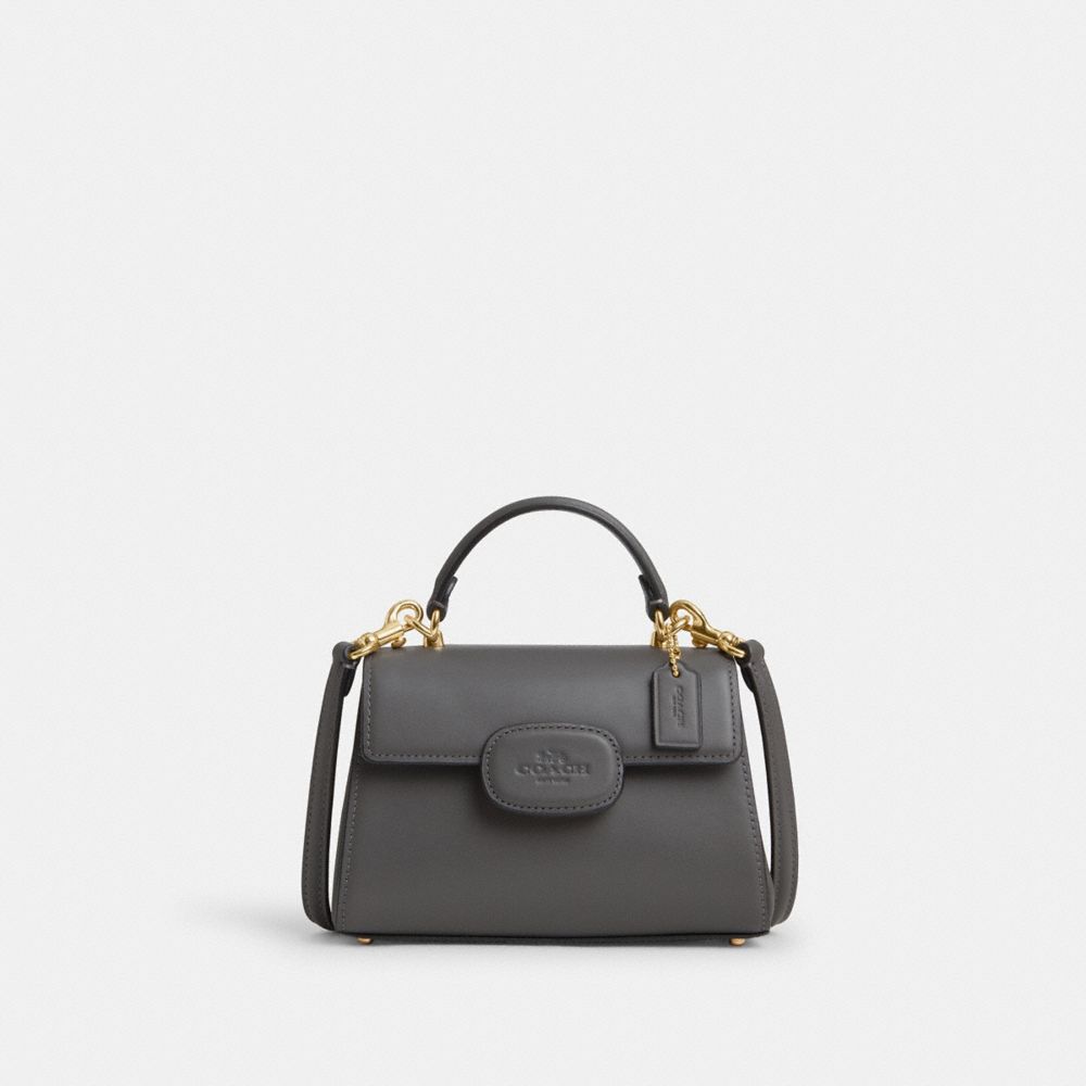 COACH®,Eliza Mini Top Handle Bag,Calfskin Leather,Crossbody,Logo,Embossed,Gold Metal,Casual,Gray,Front View