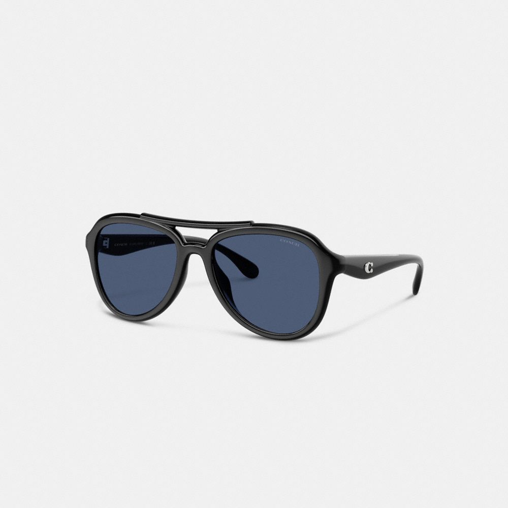 COACH®,C Hardware Pilot Sunglasses,Aviator,Word Embellishment,Metal,Logo,Integrated Nose Pads,Brow Bar,Casual,Navy,Front View