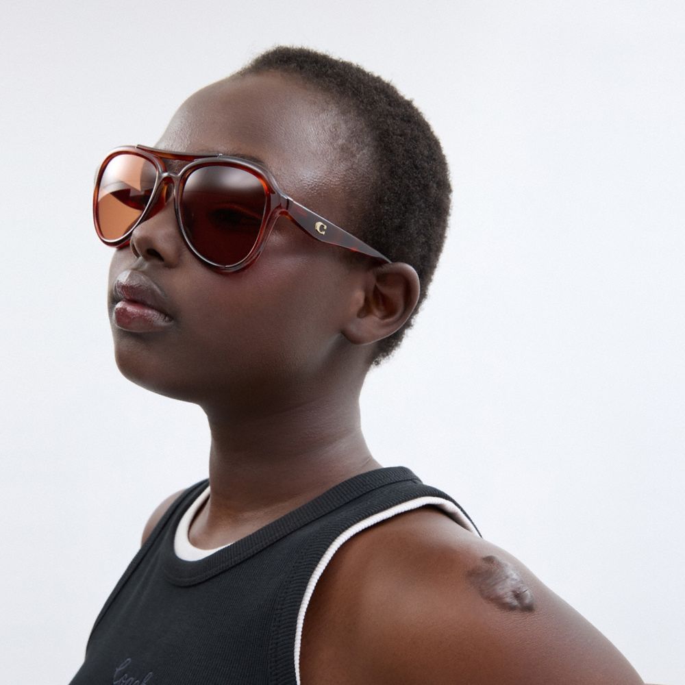COACH®,C Hardware Pilot Sunglasses,Aviator,Logo,Metal,Word Embellishment,Integrated Nose Pads,Brow Bar,Casual,Brown,Angle View