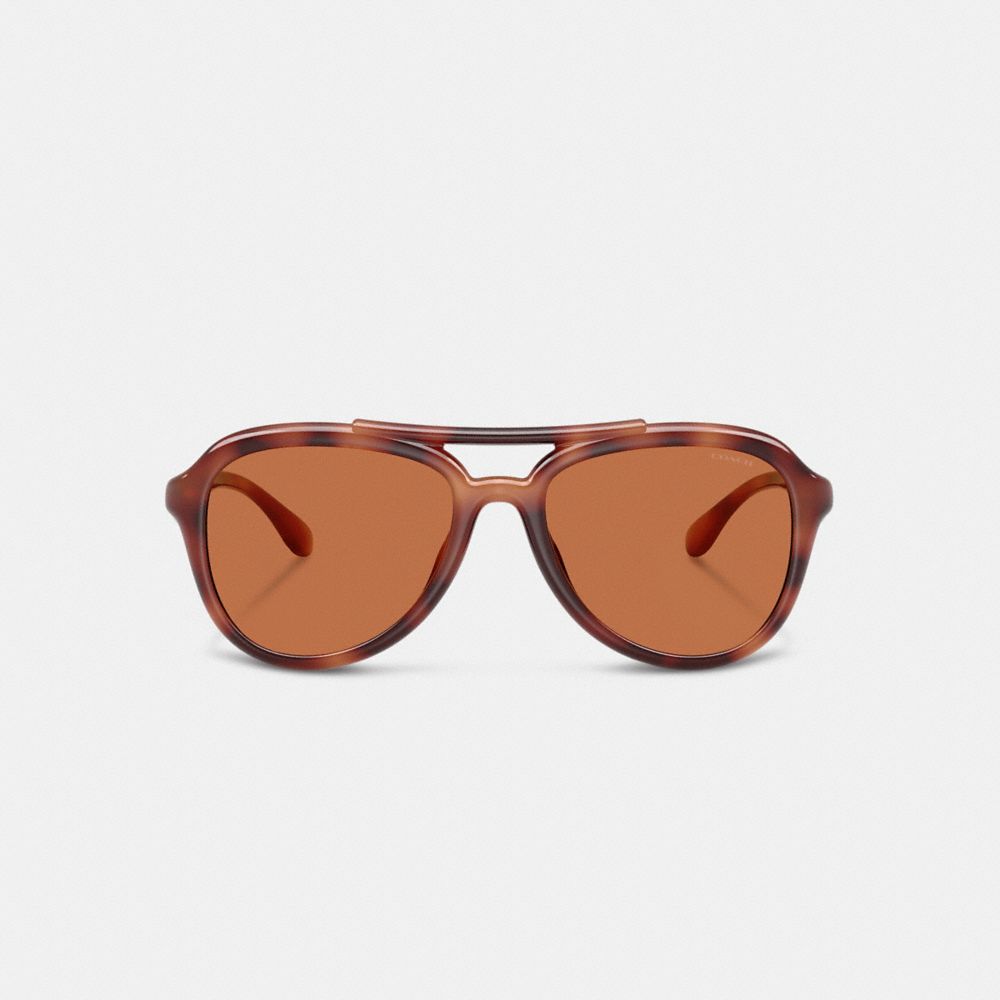 COACH®,C Hardware Pilot Sunglasses,Aviator,Logo,Metal,Word Embellishment,Integrated Nose Pads,Brow Bar,Casual,Brown,Inside View,Top View