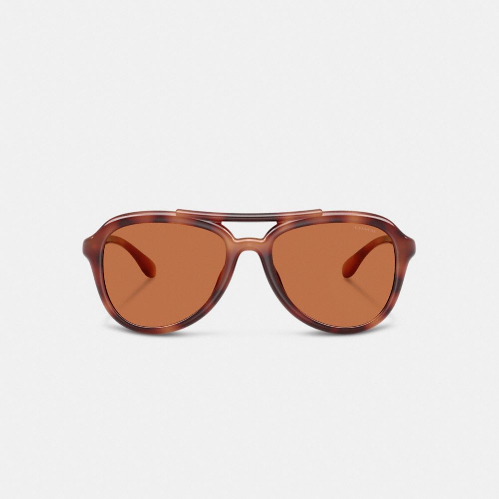 COACH®,C Hardware Pilot Sunglasses,Aviator,Word Embellishment,Metal,Logo,Integrated Nose Pads,Brow Bar,Casual,Brown,Inside View,Top View