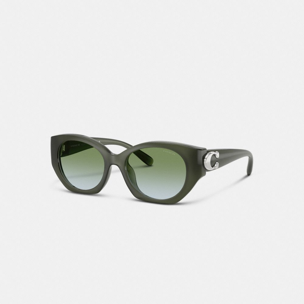 COACH®,Idol Oval Sunglasses,Cat Eye,Logo,Word Embellishment,Metal,Integrated Nose Pads,Casual,Green,Front View