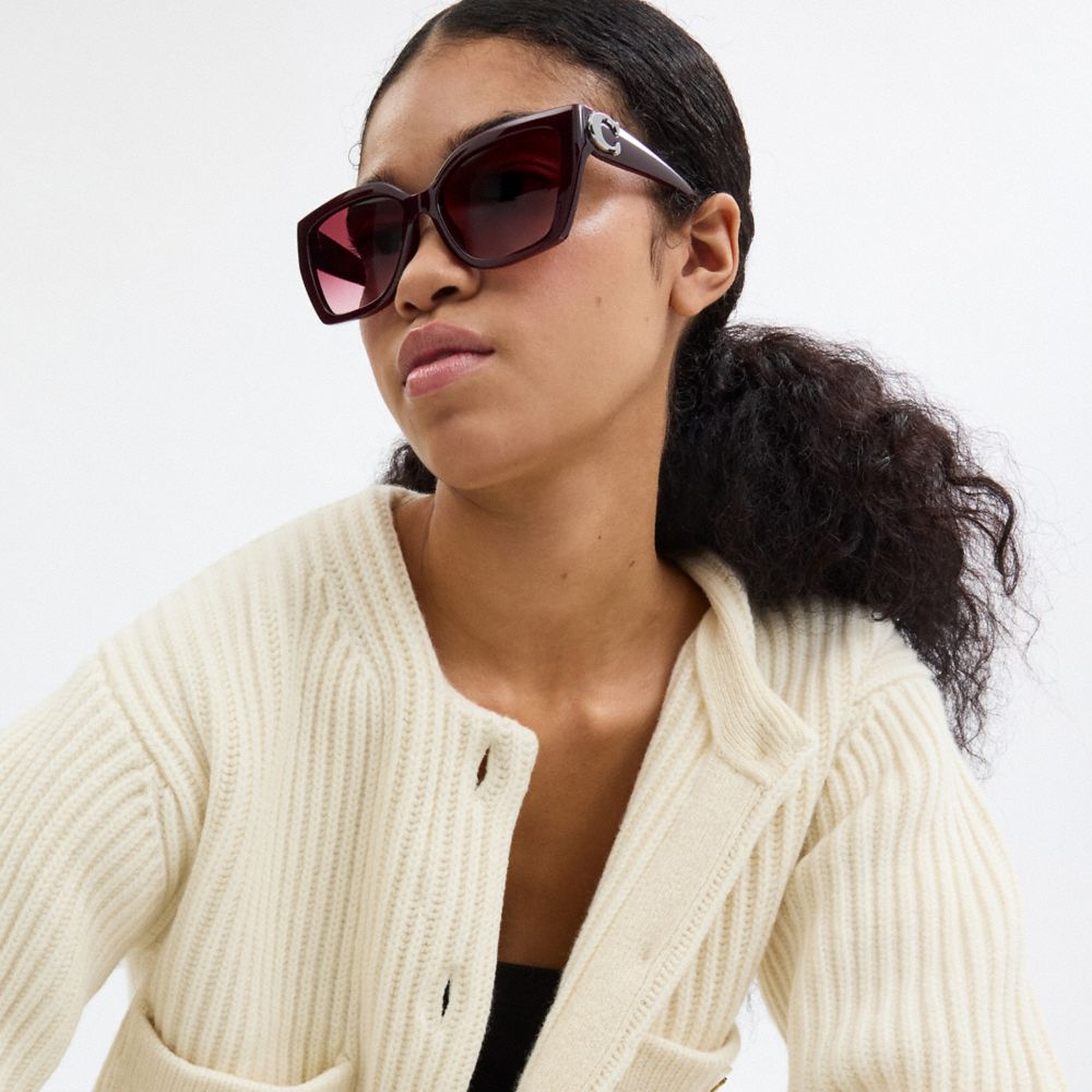 COACH®,Maxi Sculpted C Square Cat Eye Sunglasses,Cat Eye,Word Embellishment,Metal,Logo,Integrated Nose Pads,Casual,Purple,Angle View