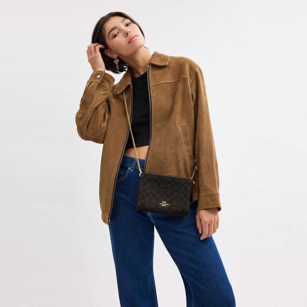 COACH®,Slim Crossbody Bag In Signature Canvas,Crossbody,Day Party,Brown,Detail View