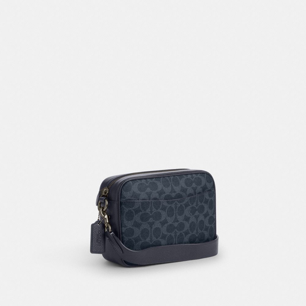 COACH®,SAC BANDOULIÈRE WARNER EN TOILE EXCLUSIVE,Tissu en toile exclusif,Bronze industriel/Denim/Bleu marine Minuit,Angle View