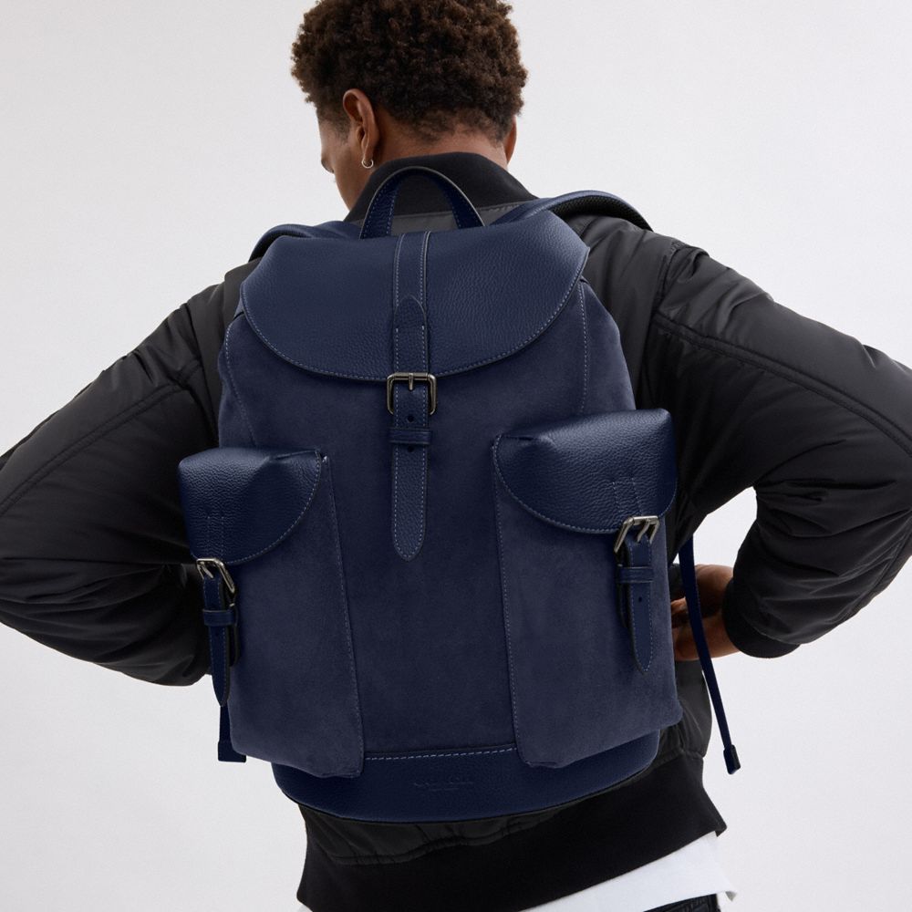 COACH®,Warner Backpack In Suede,Suede,Backpack,Adjustable,Casual,Navy,Detail View