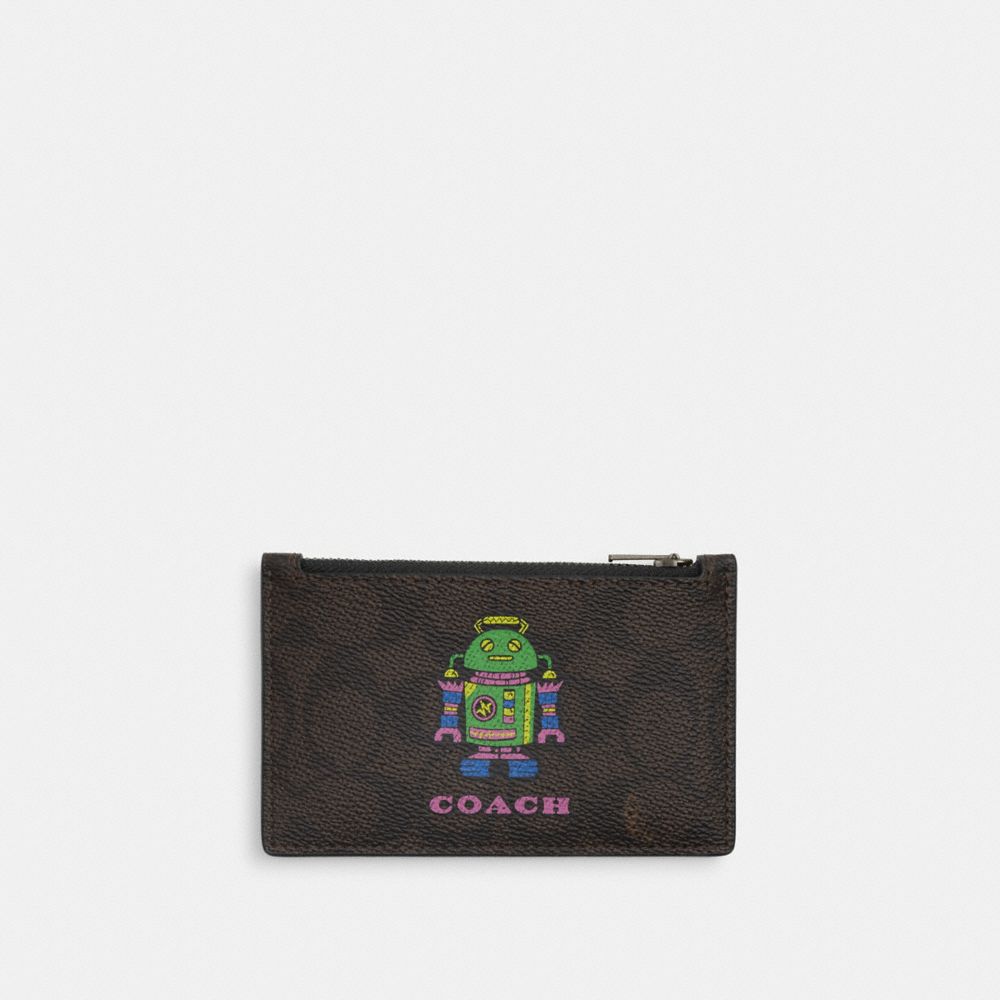 COACH®,コズミック コーチ ジップ カード ケース・ロボット プリント,カードケース&パスケース,ｳｫﾙﾅｯﾄ ﾏﾙﾁ