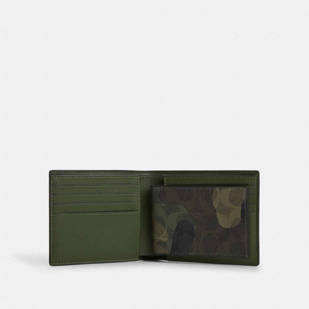 COACH®,3 In 1 Wallet In Signature Camo Print,Coin,Bi Fold,Pouch,Casual,Multi Color,Inside View,Top View