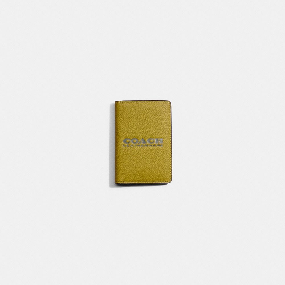 COACH®,Restored Card Wallet,Leather,Bi Fold,Coat Wallet,Logo,Word Embellishment,Casual,Mustard,Front View