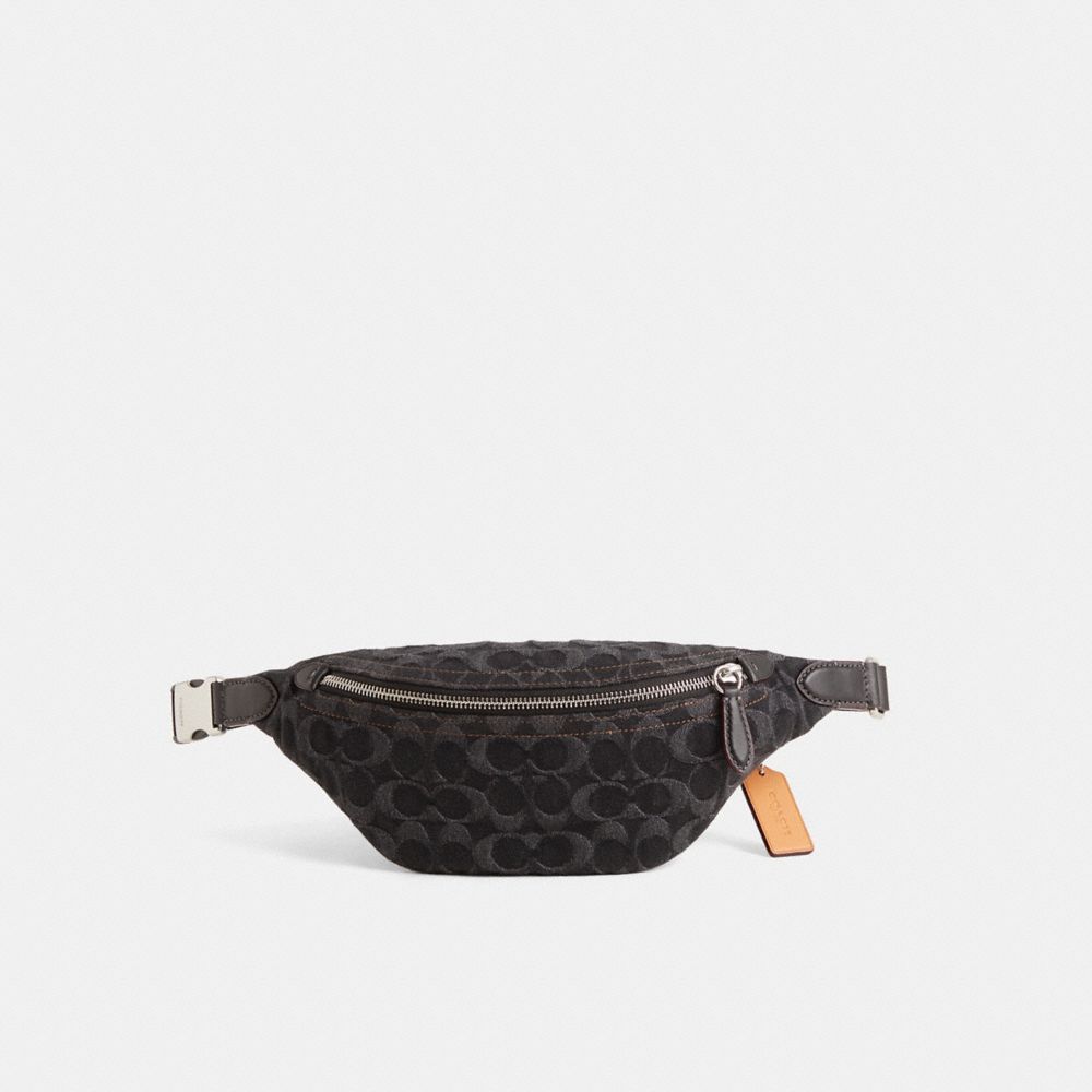 COACH®,Restored Charter Belt Bag 7 In Signature Denim,Leather,Denim,Fabric,Calfskin Leather,Cotton,Belt Bag,Logo,Lined,Che...,,Front View