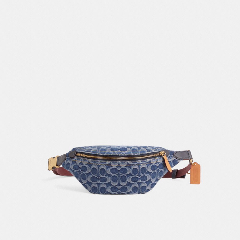 COACH®,Restored Charter Belt Bag 7 In Signature Denim,Leather,Denim,Fabric,Calfskin Leather,Cotton,Belt Bag,Logo,Lined,Che...,Blue,Front View