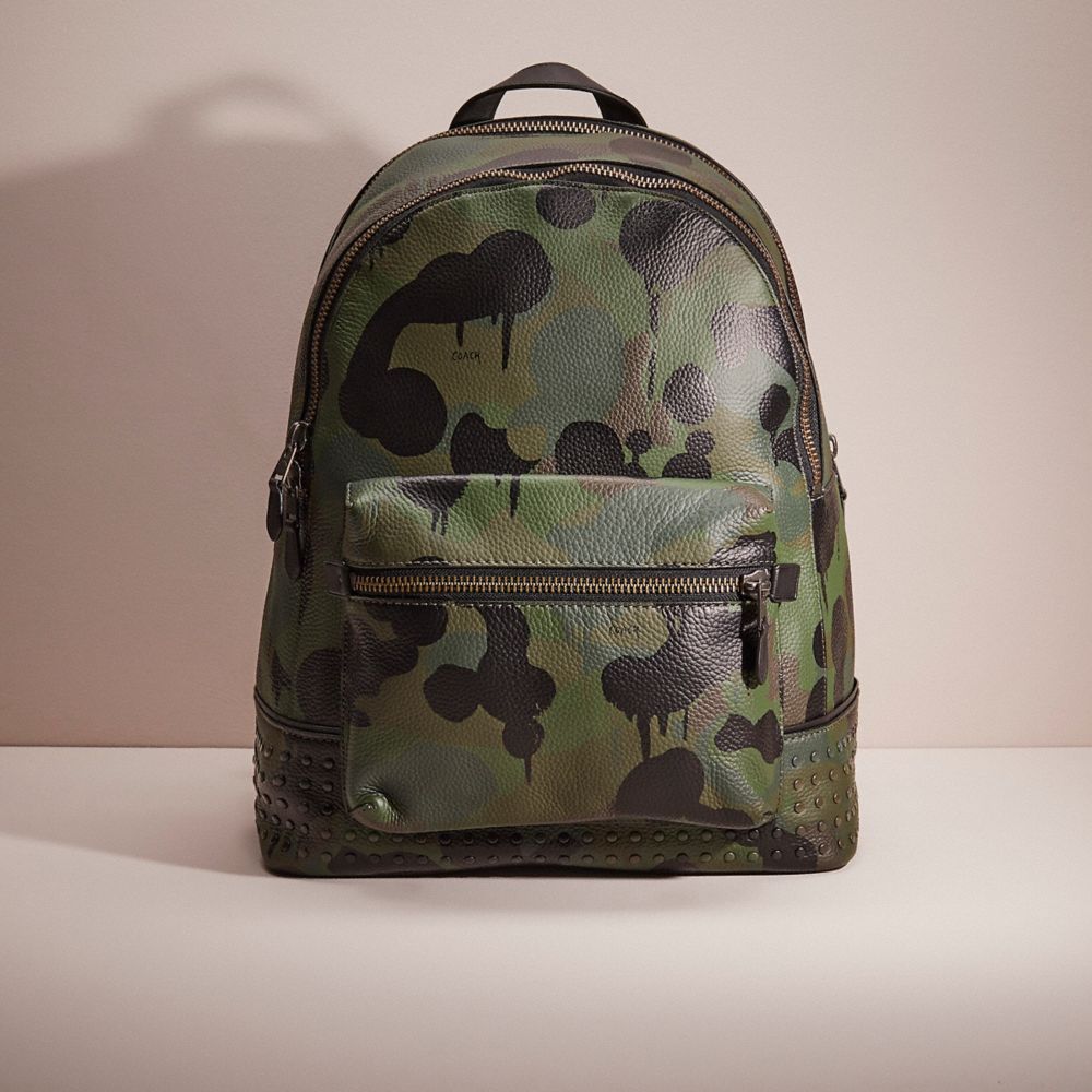 COACH®,RESTORED LEAGUE BACKPACK WITH CAMO PRINT AND STUDS,Pebble Leather,Military/Black Copper,Front View