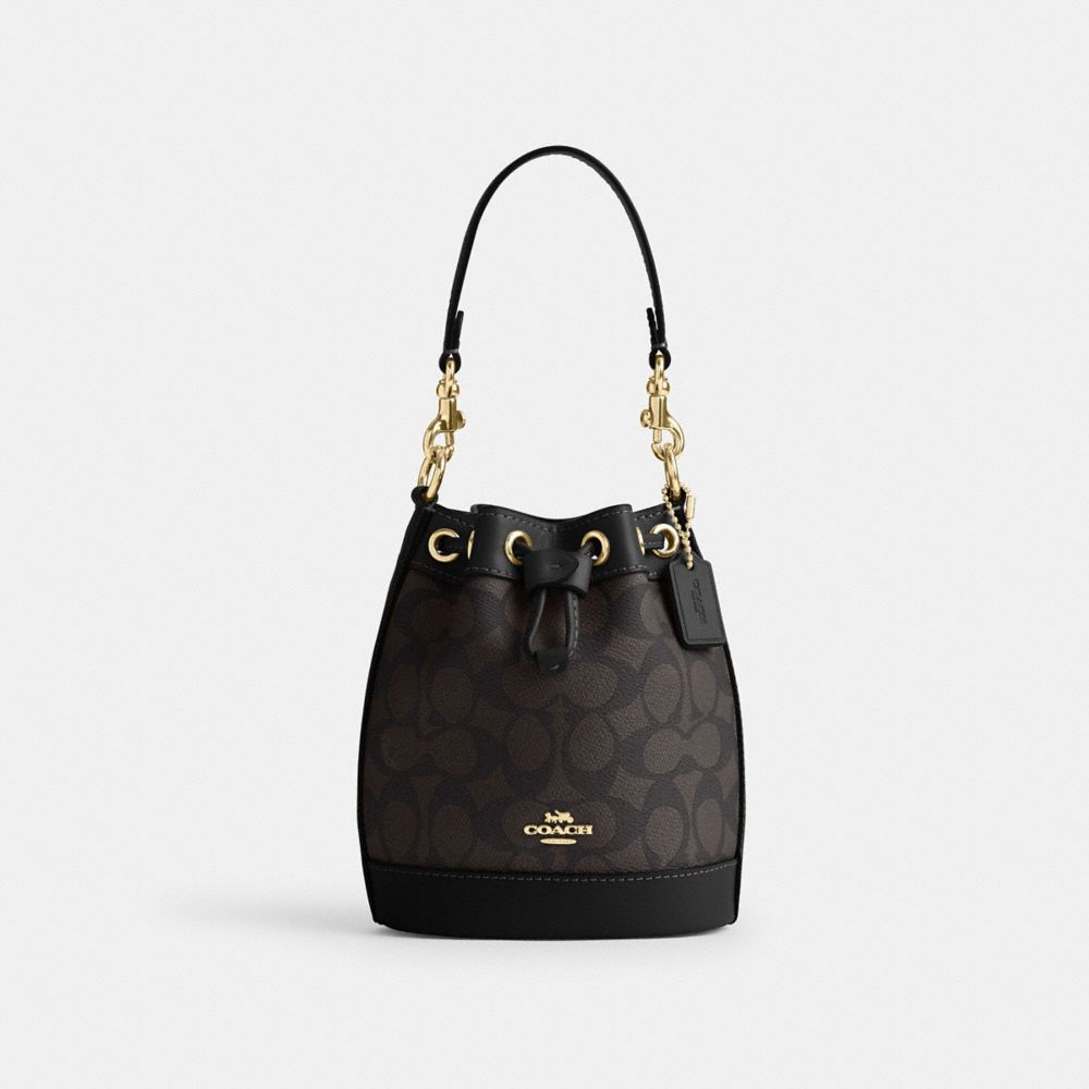 COACH®,Mini Bucket Bag In Signature Canvas,Canvas,Leather,Bucket,Drawstring,Casual,Black,Front View image number 0