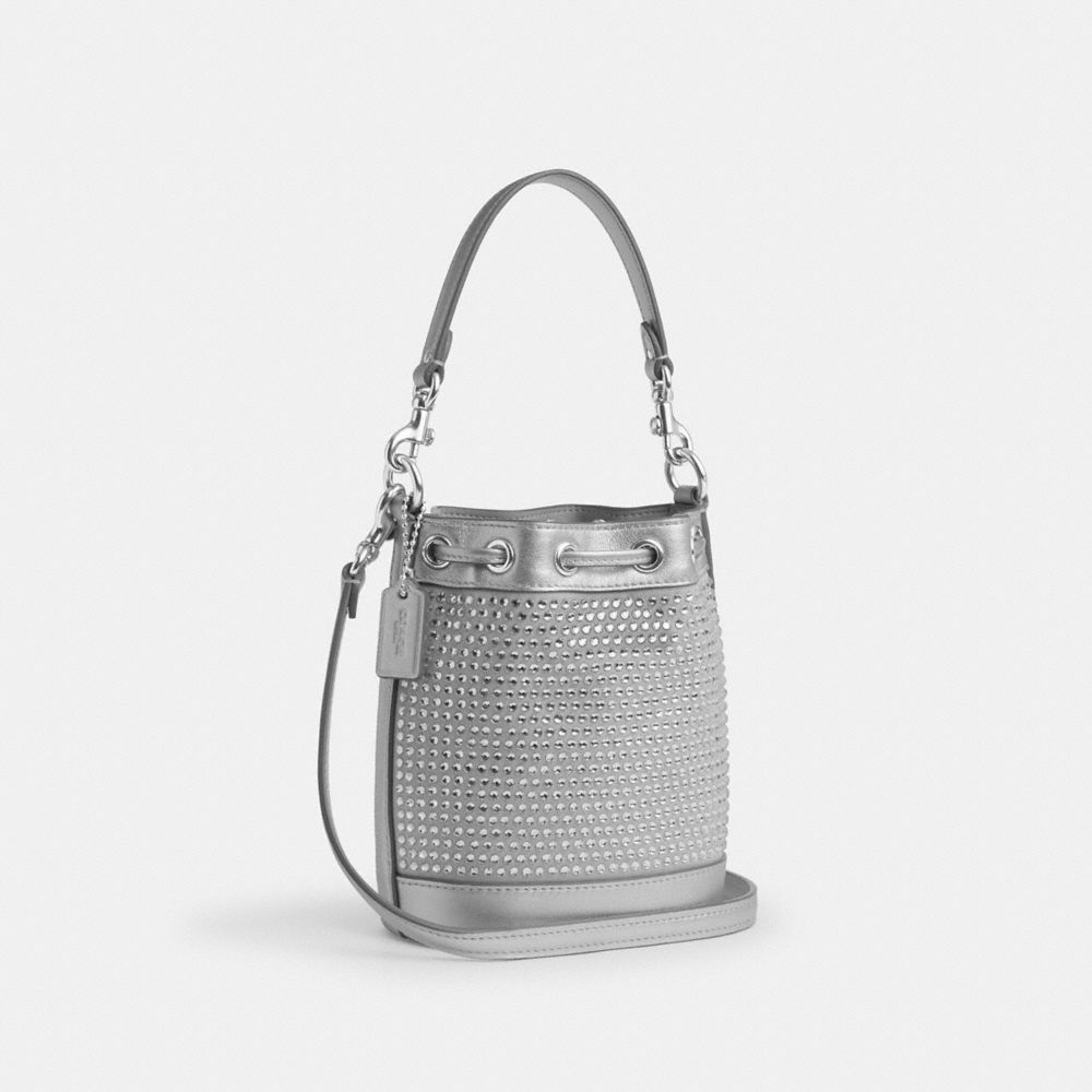 COACH®,Mini Bucket Bag With Crystal,Bucket,Crystal,Rhinestones,Embellished,Drawstring,Party,Gray,Angle View