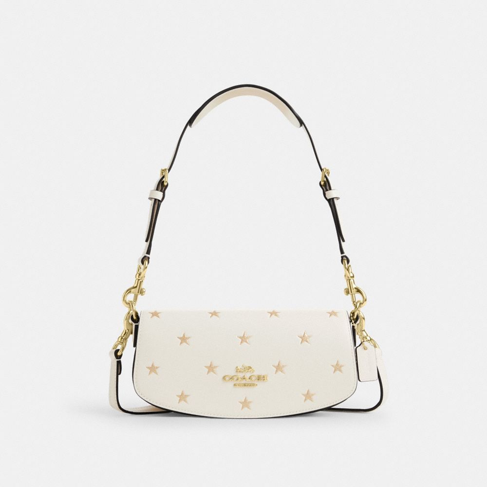 COACH®,Andrea Small Shoulder Bag With Star Print,Calfskin Leather,Shoulder Bag,Metal,Logo,Day Party,White,Front View