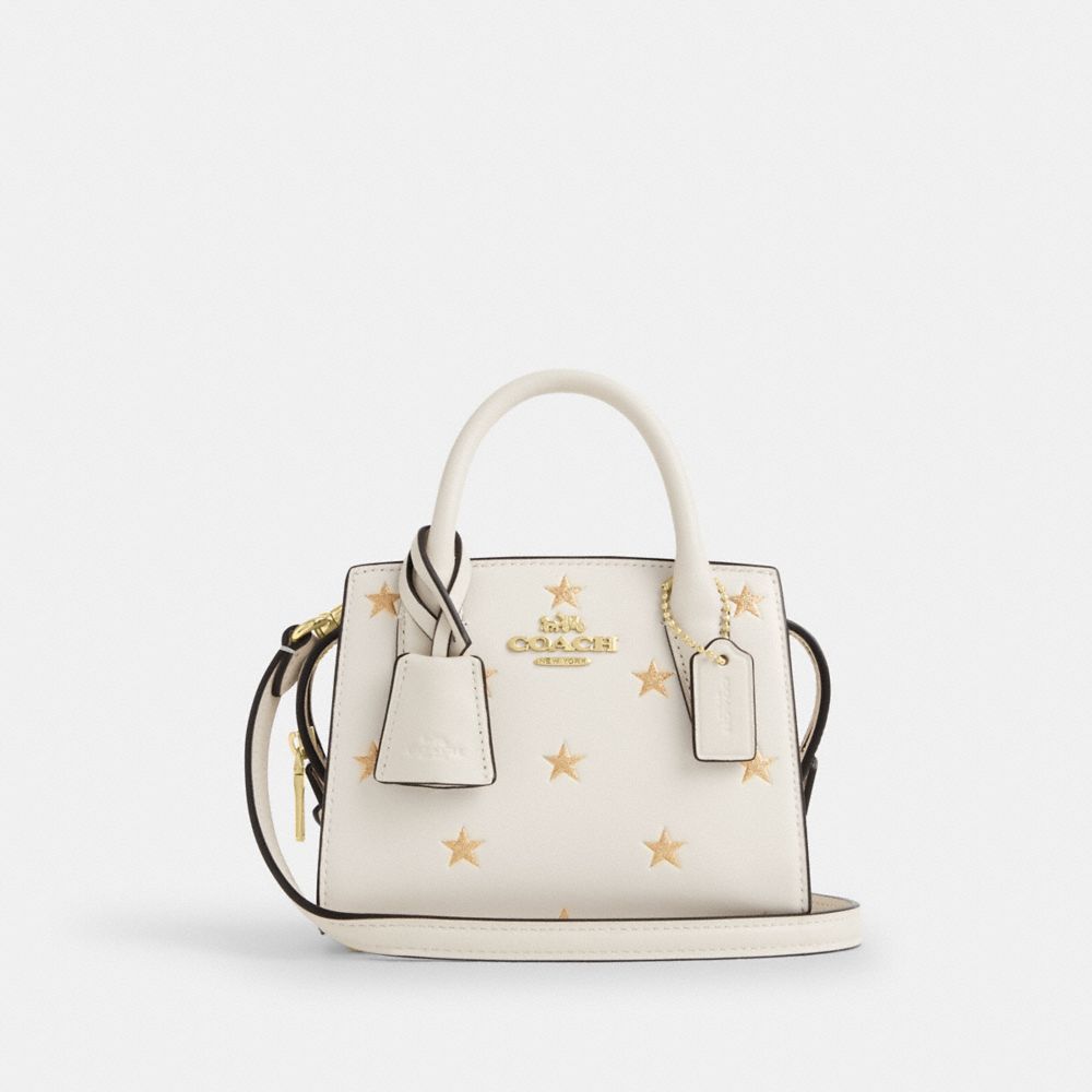 COACH®,Andrea Mini Carryall Bag With Star Print,Calfskin Leather,Satchel,Logo,Glitter,Metal,Day Party,Cream,Front View