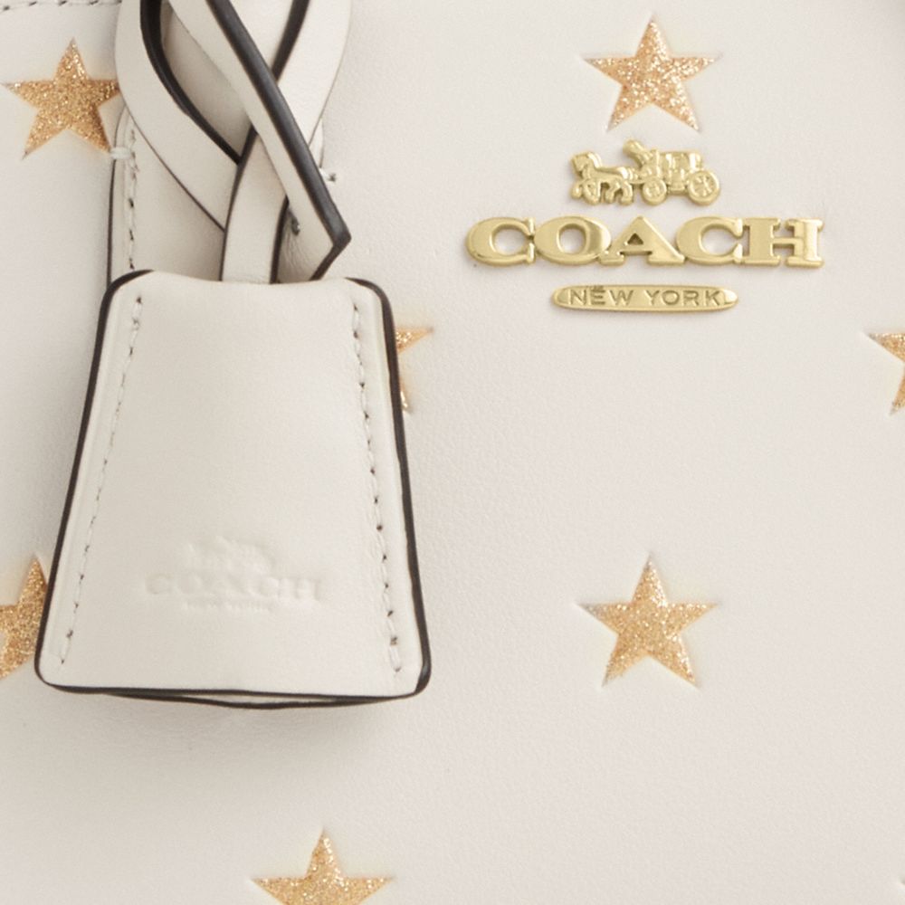 COACH®,Andrea Mini Carryall Bag With Star Print,Calfskin Leather,Satchel,Logo,Glitter,Metal,Day Party,Cream