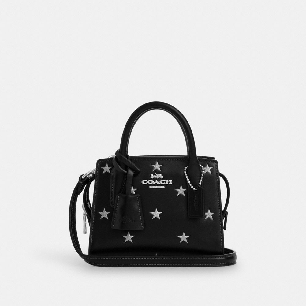 COACH®,Andrea Mini Carryall Bag With Star Print,Calfskin Leather,Satchel,Logo,Glitter,Metal,Day Party,Black,Front View image number 0