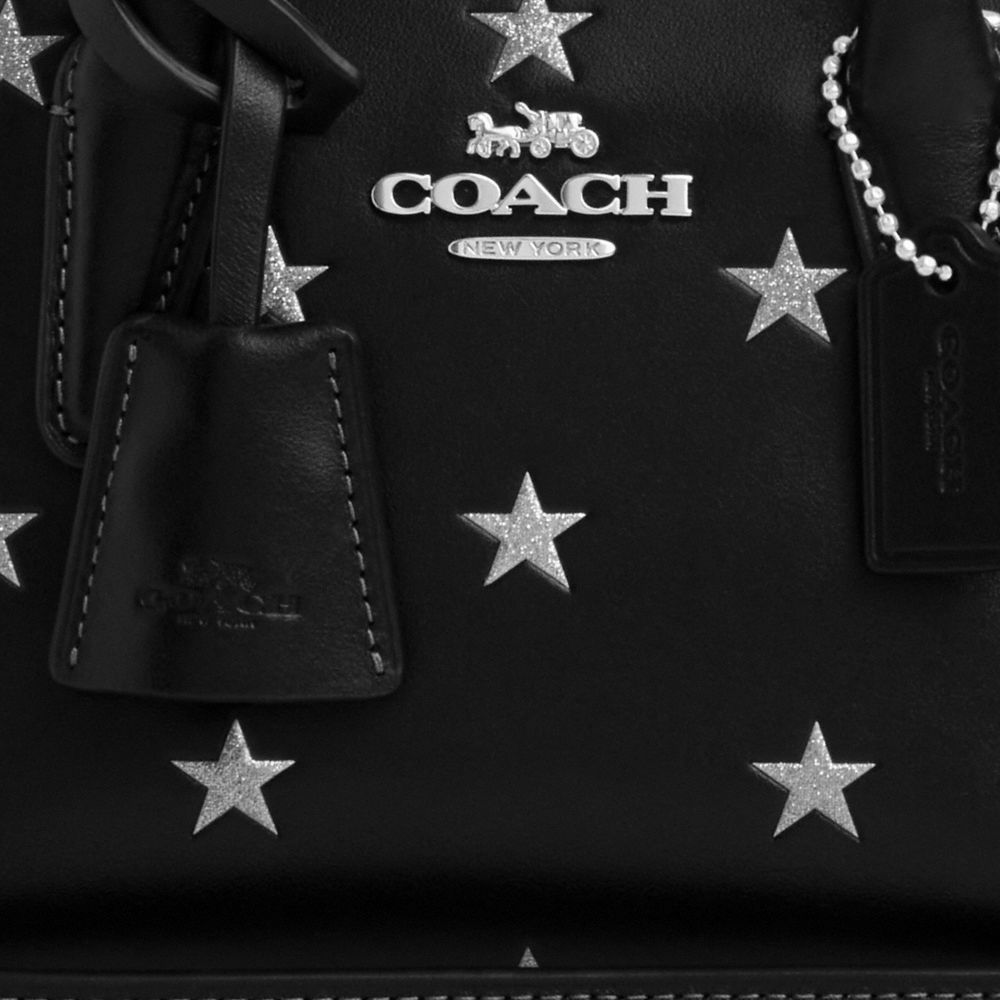 COACH®,Andrea Mini Carryall Bag With Star Print,Calfskin Leather,Satchel,Logo,Glitter,Metal,Day Party,Black