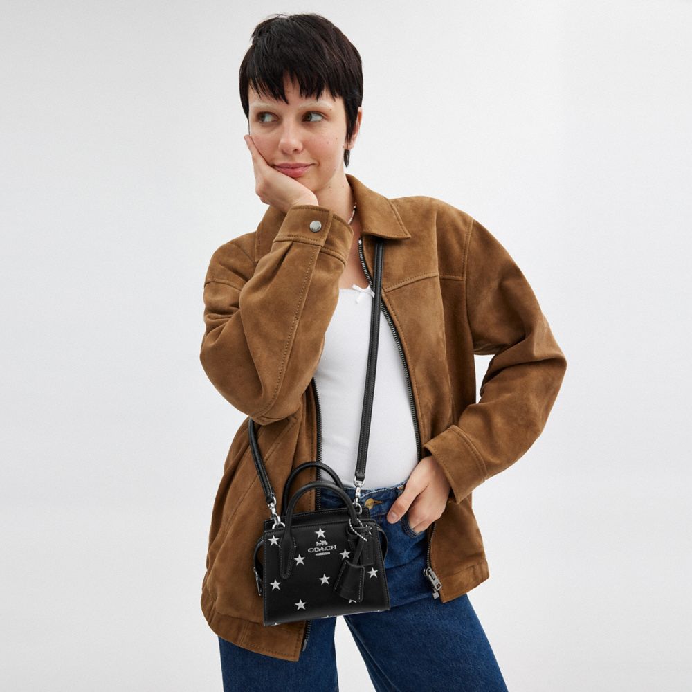 COACH®,Andrea Mini Carryall Bag With Star Print,Calfskin Leather,Satchel,Logo,Glitter,Metal,Day Party,Black,Detail View