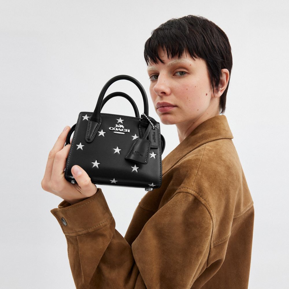 COACH®,Andrea Mini Carryall Bag With Star Print,Calfskin Leather,Satchel,Logo,Glitter,Metal,Day Party,Black,Detail View