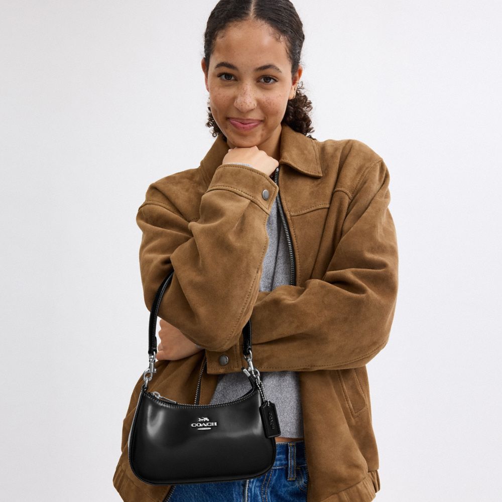 COACH®,MINI SAC À PORTÉ-CROISÉ TERI,Cuir de fantaisie,Argent/Noir,Detail View