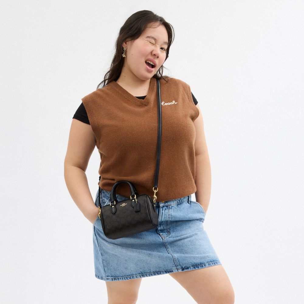 COACH®,Mini Rowan Crossbody Bag In Signature Canvas,Canvas,Recycled Polyester,Crossbody,Faux Leather,Metal,Logo,Casual,Black,Detail View